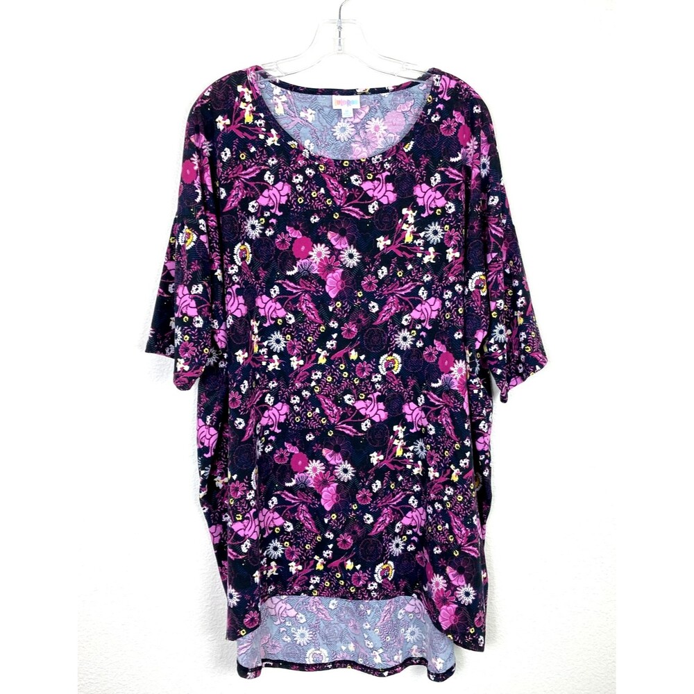 LuLaRoe Women's Pullover Shirt Size XL Black Purple Floral Hi-Low Hem Oversized
